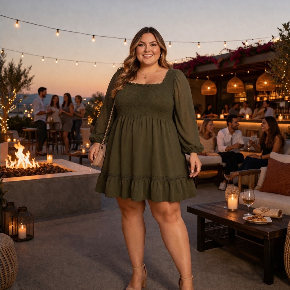 Dokotoo 2XL Olive Green Smocked Dress Boho Tiered Long Sleeve Plus Size NWT